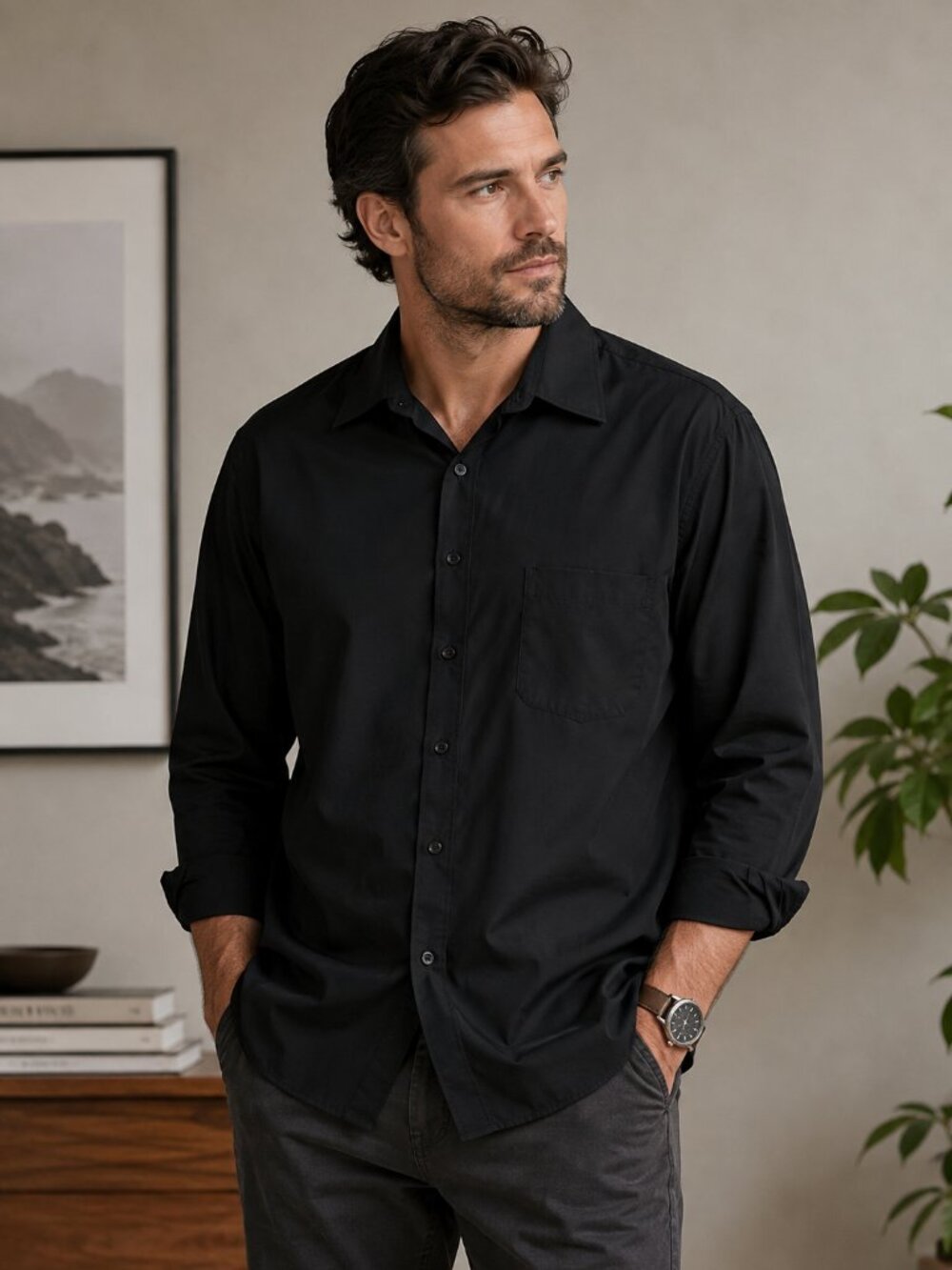 Geoffrey Beene Men’s XL Black Long Sleeve Button Up Shirt Casual Dress Classic
